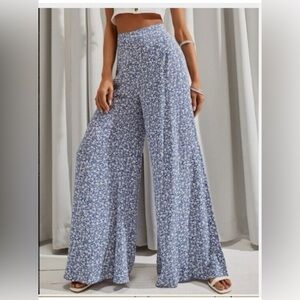 Women's Wide Leg Blue and White  Floral Flowing BOHO Pants